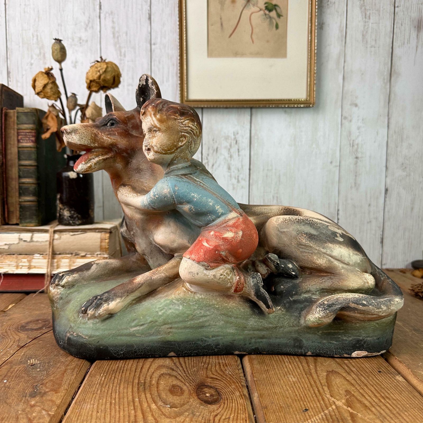 Vintage Chalkware Figure Alsatian & Child, Boy And His Dog