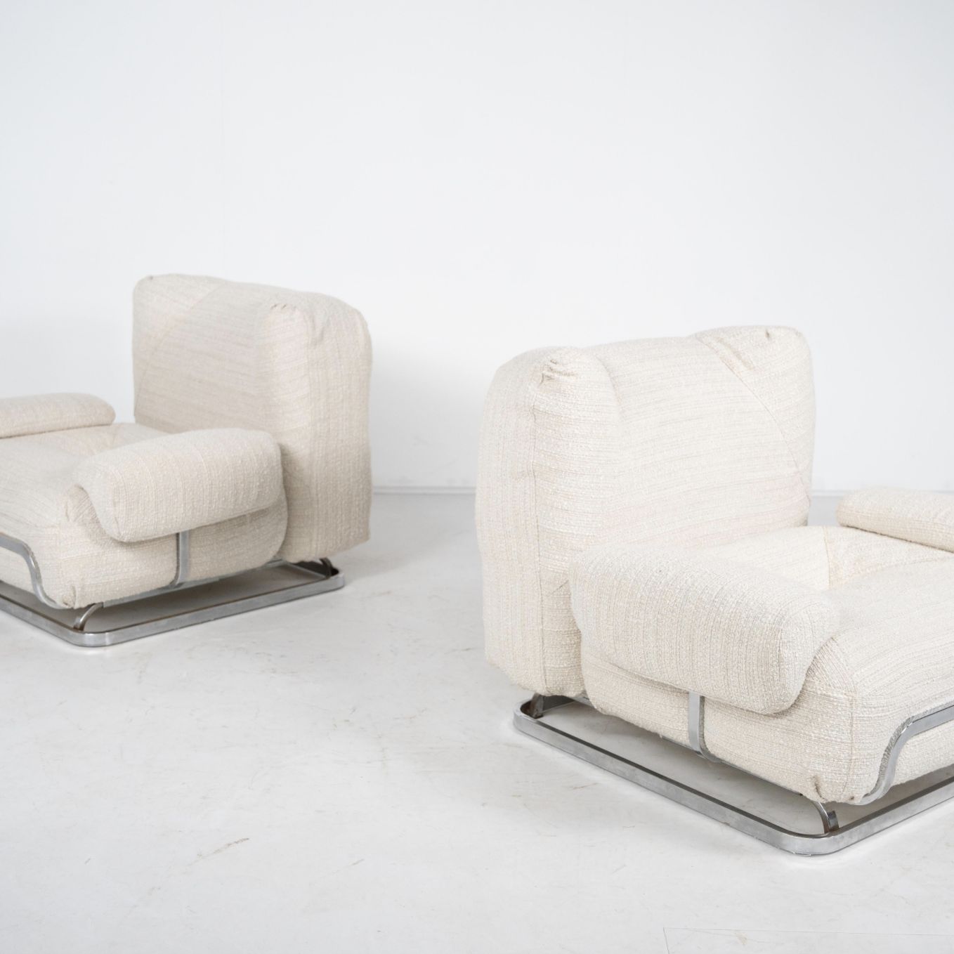 Mid Century Modern Pair Of Armchairs, Chrome And Boucle Fabric – New Upholstery photo buy