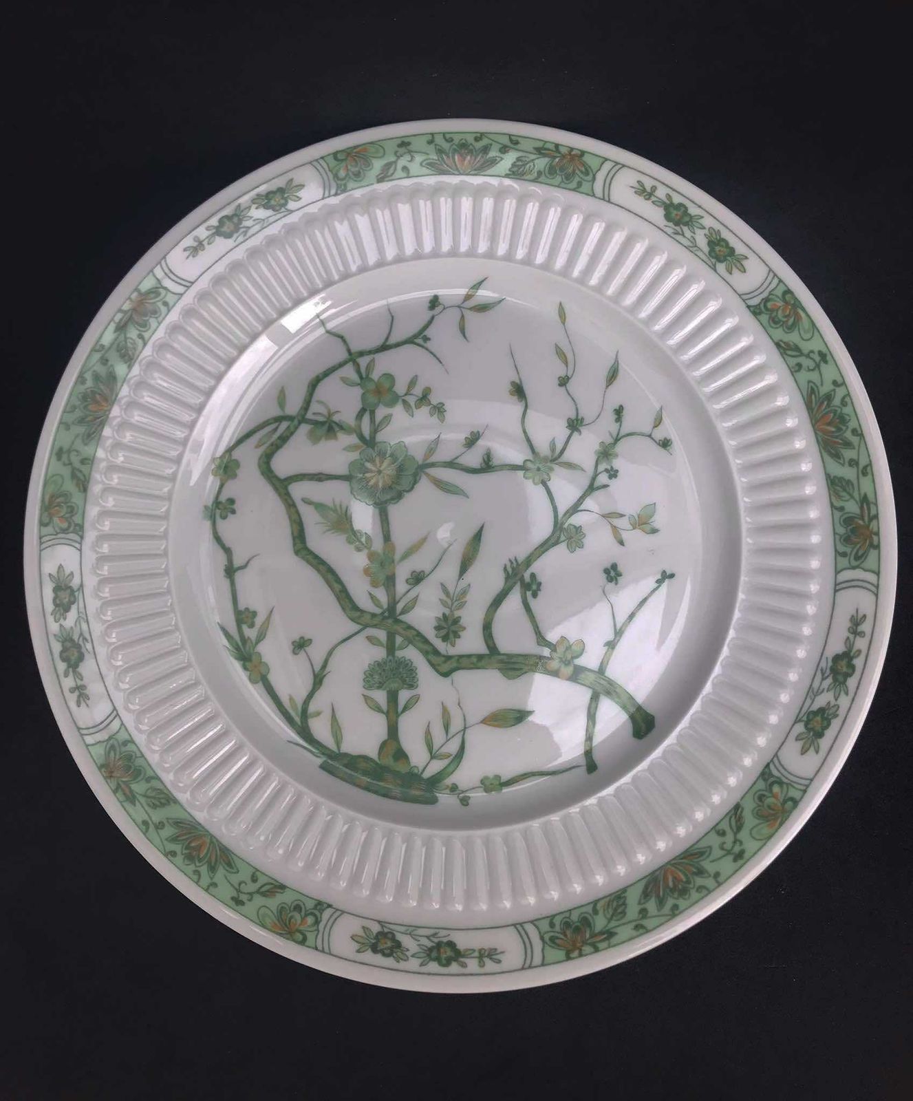 Porcelain Limoges Set 6 Raynaud & Co Fleur De Jade Green Entremets Salad Dessert Plates Green White Leaves French Vintage Wedding Luxury