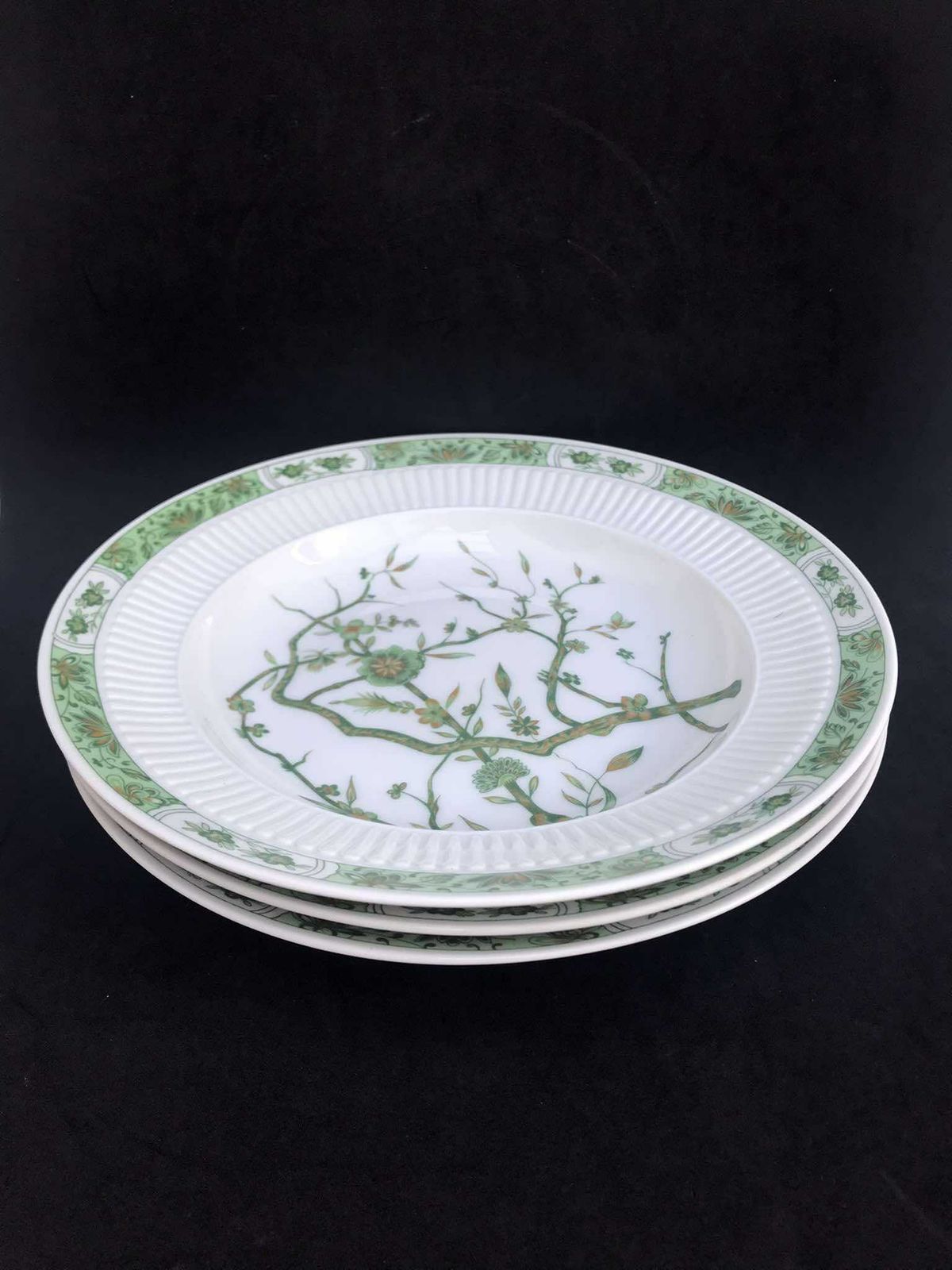 Porselein Limoges Set Van 3 Raynaud & Co Fleur De Jade Groen Wit Dinerborden Groene Witte Bladeren Frans Vintage Bruiloft Luxe Cadeau