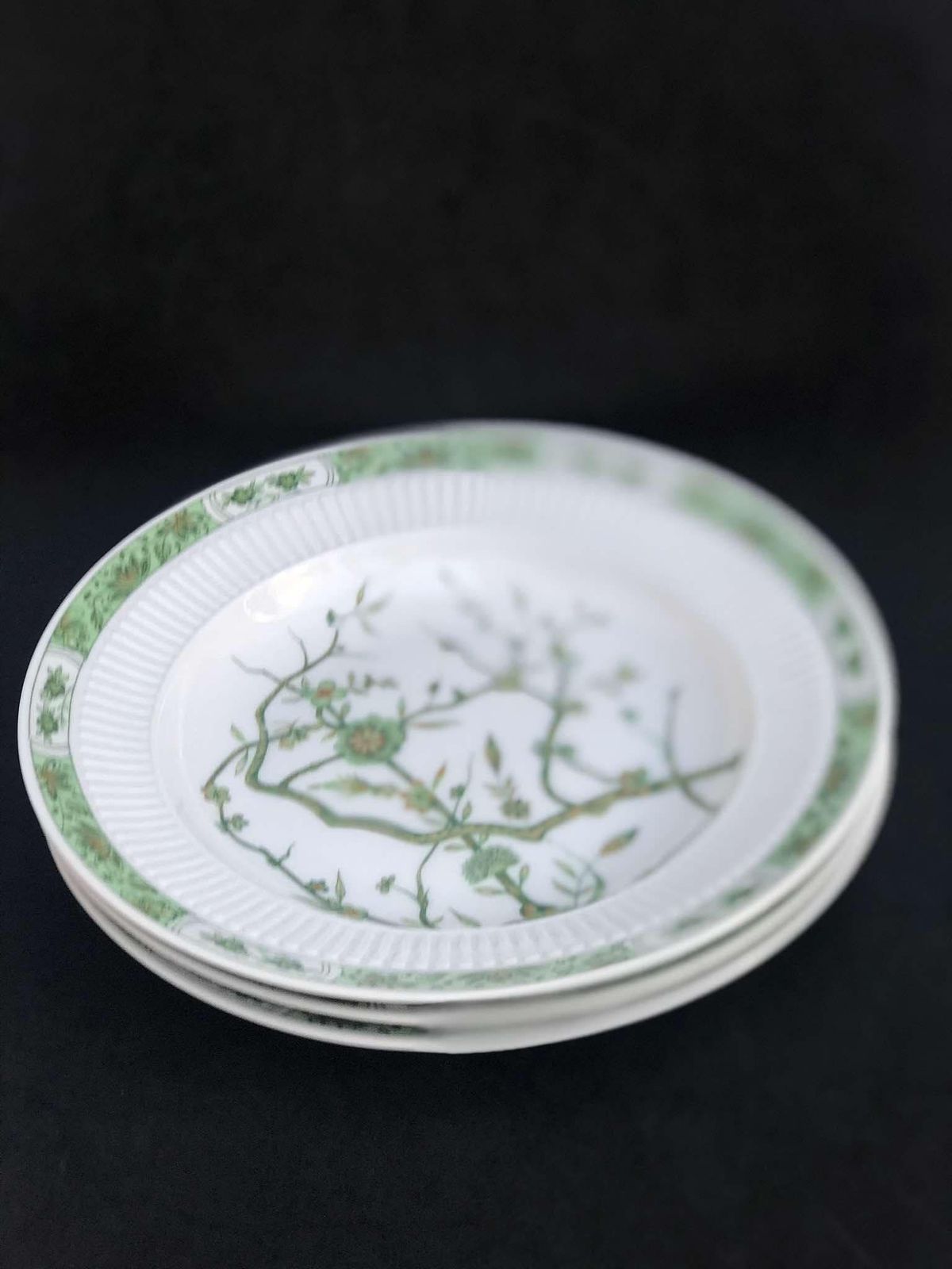 photo furniture Porcelain Limoges Set 3 Raynaud & Co Fleur De Jade Green White Dinner Plates Green White Leaves French Vintage Wedding Luxury Gift
