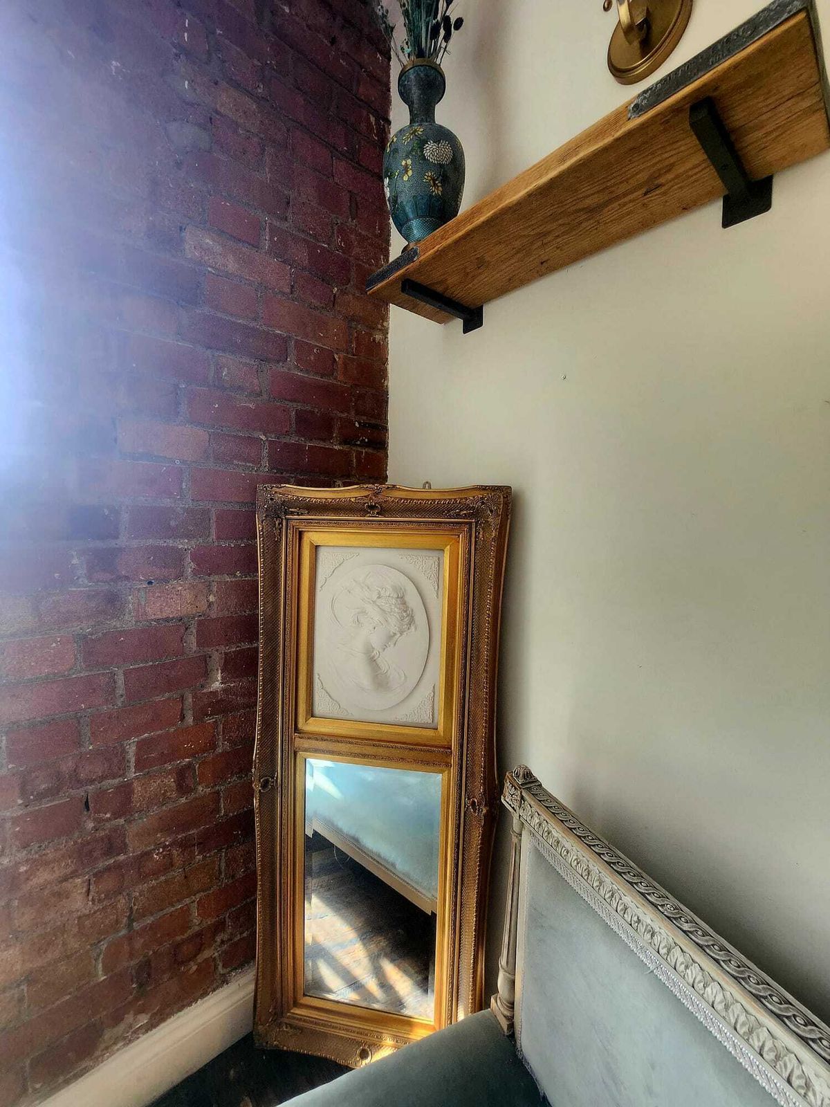 Mantel Mirror, Timeless Elegance: Stunning 19th Century Style Gilt Framed With Stone Relief Of Young Woman photo vinterior