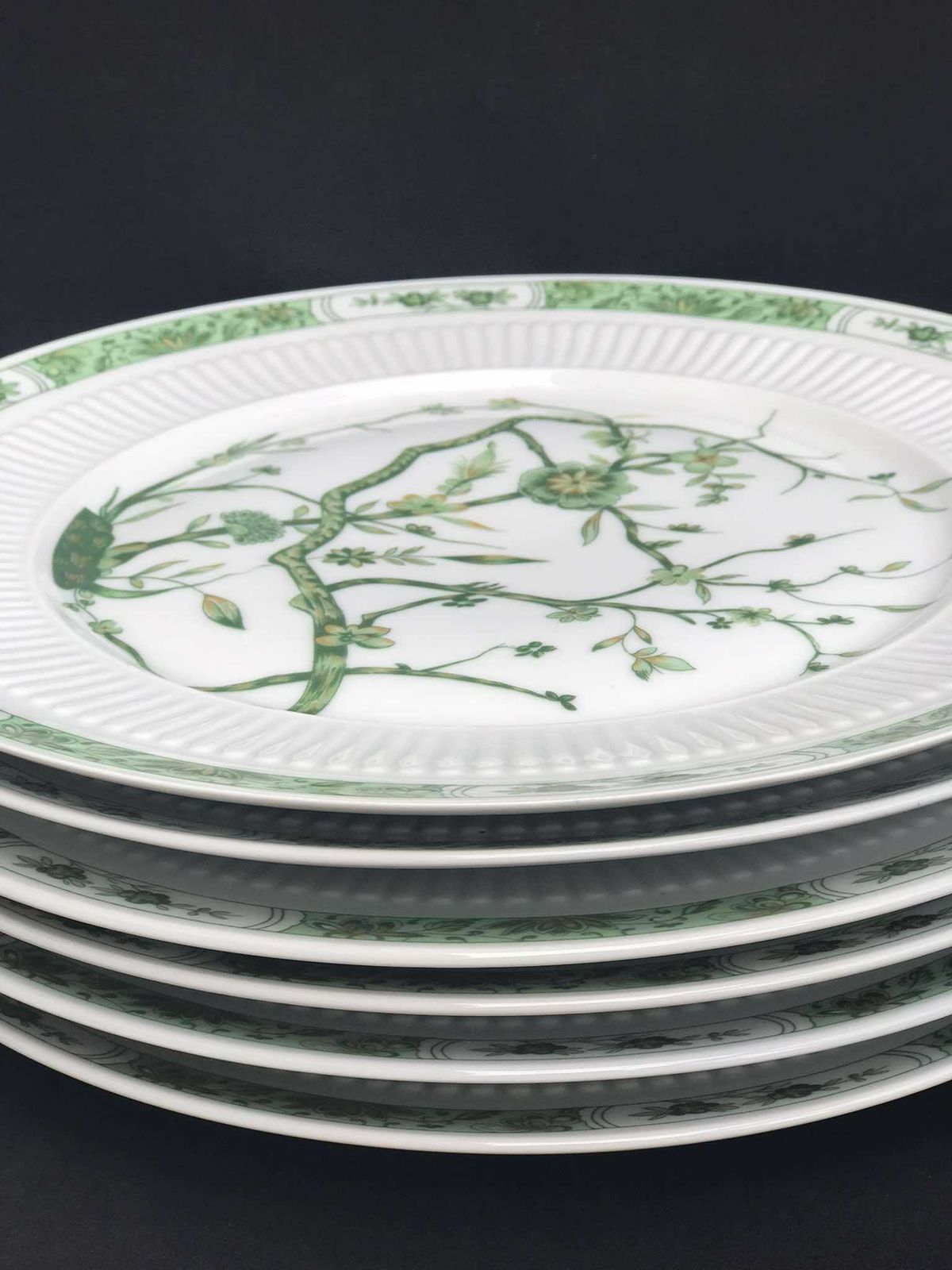 photo for sale Porcelain Limoges Set 6 Raynaud & Co Fleur De Jade Green White Dinner Plates Green White Leaves French Vintage Wedding Luxury Gift
