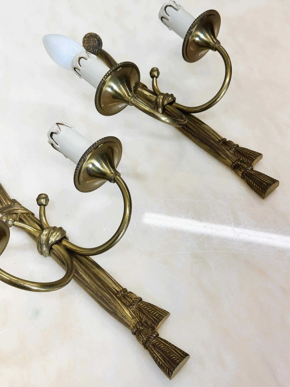 Pair Of Brass Neoclassical Rope Sconces   Wall Lights, France 1950s. photo furniture
