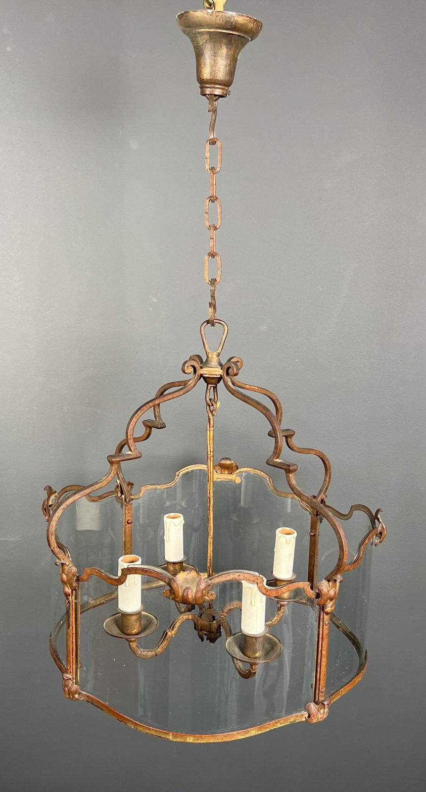 Rare Lantern In Wrought Iron, Gilded And Curved Glass With 4 Lights photo Lighting