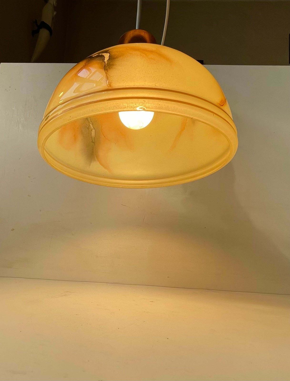 photo for sale Scandinavian Copper & Marble Glass Pendant Lamp, Bauhaus Style 1940s