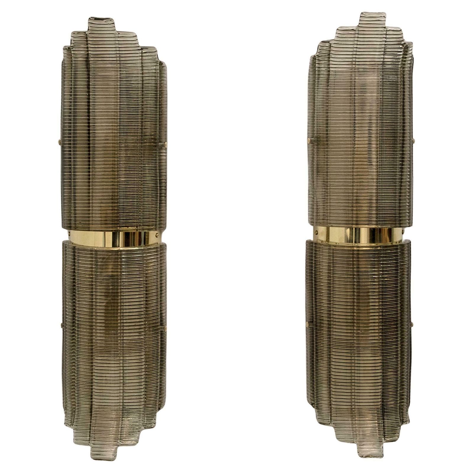Pair Of Large Art Deco Style Murano Glass Textured Wall Sconces