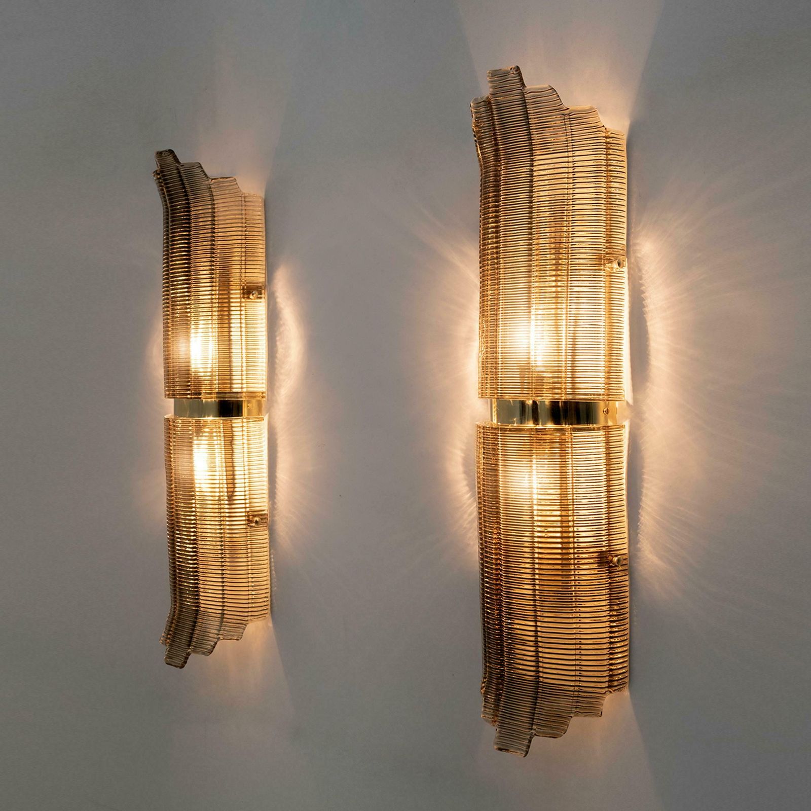 Pair Of Large Art Deco Style Murano Glass Textured Wall Sconces photo vinterior
