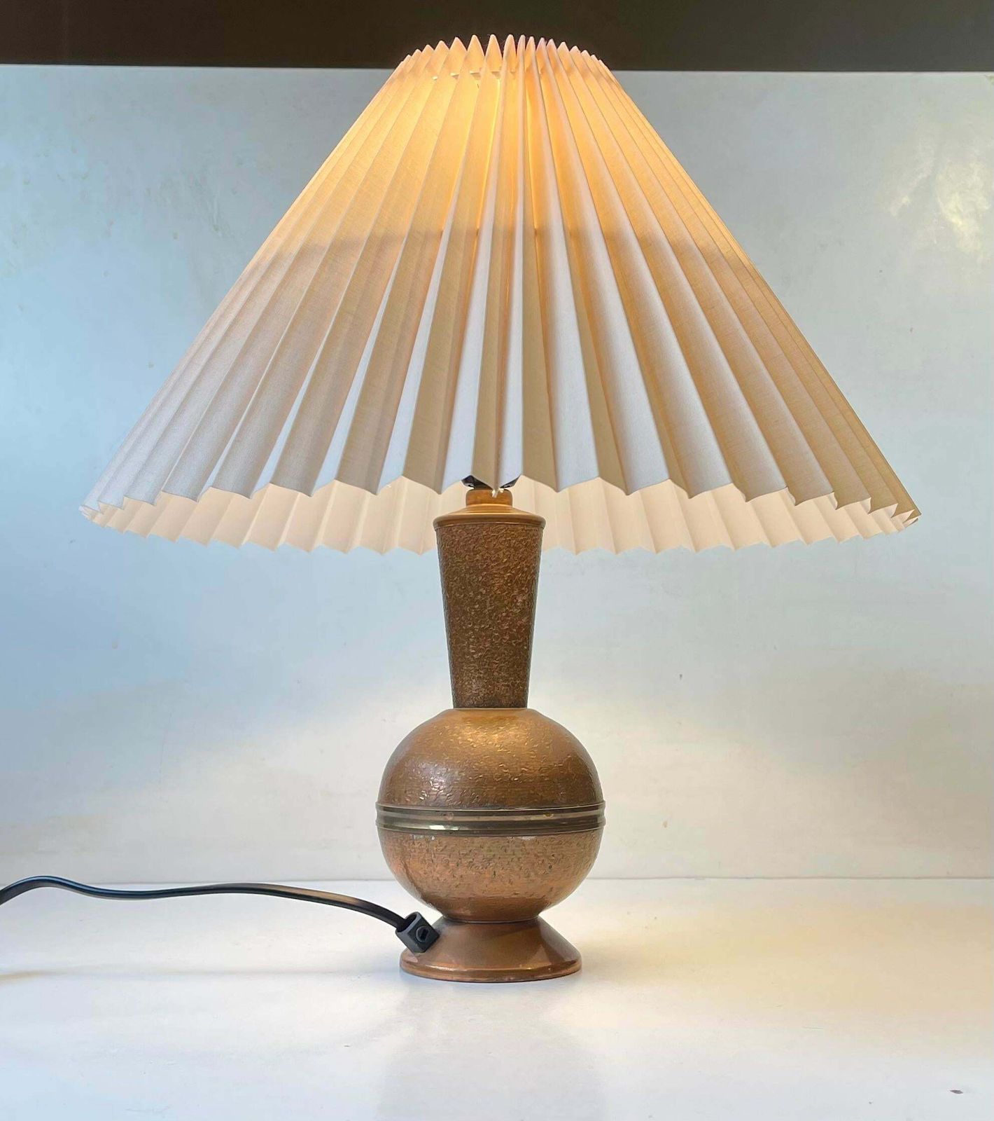 Scandinavian Modern Table Lamp In Patinated Textured Copper, 1950s photo for sale
