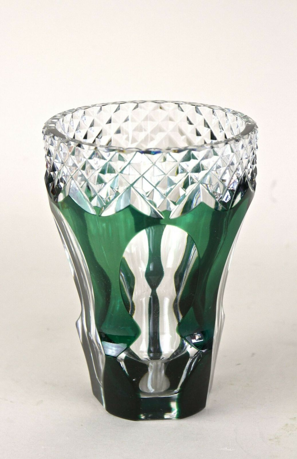 Emerald Green Overlay/ Cut Glass Vase By Val Saint Lambert, Belgium Ca. 1950 photo vinterior