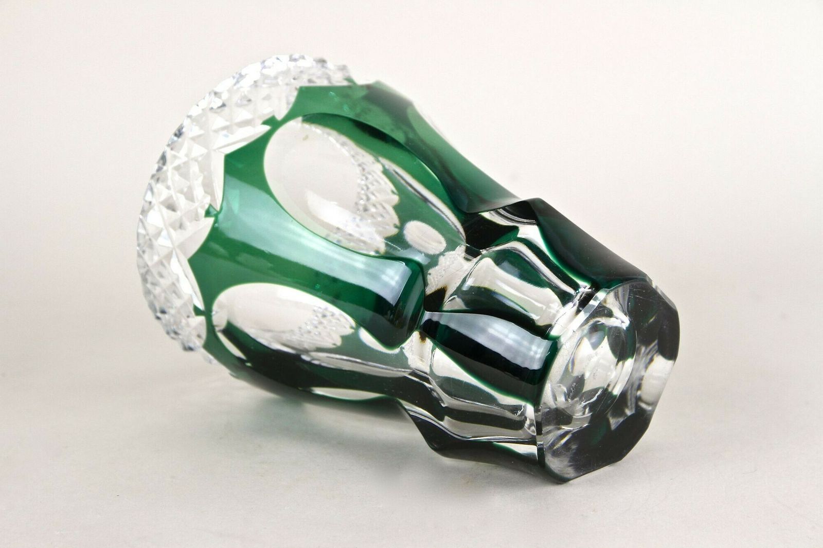 photo for sale Emerald Green Overlay/ Cut Glass Vase By Val Saint Lambert, Belgium Ca. 1950