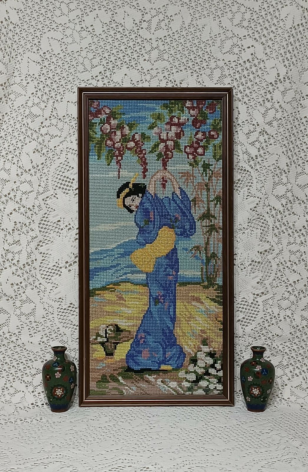 Cross Stitch Picture Japanese Geisha Girl Oriental Blossoms Framed ,Needle Point Wall Art. photo for sale