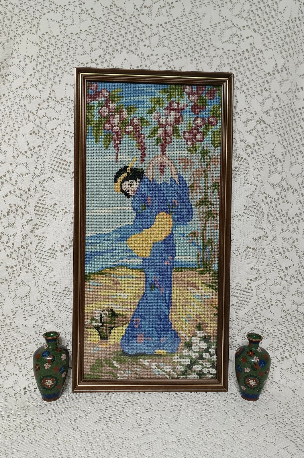 Cross Stitch Picture Japanese Geisha Girl Oriental Blossoms Framed ,Needle Point Wall Art. photo Art