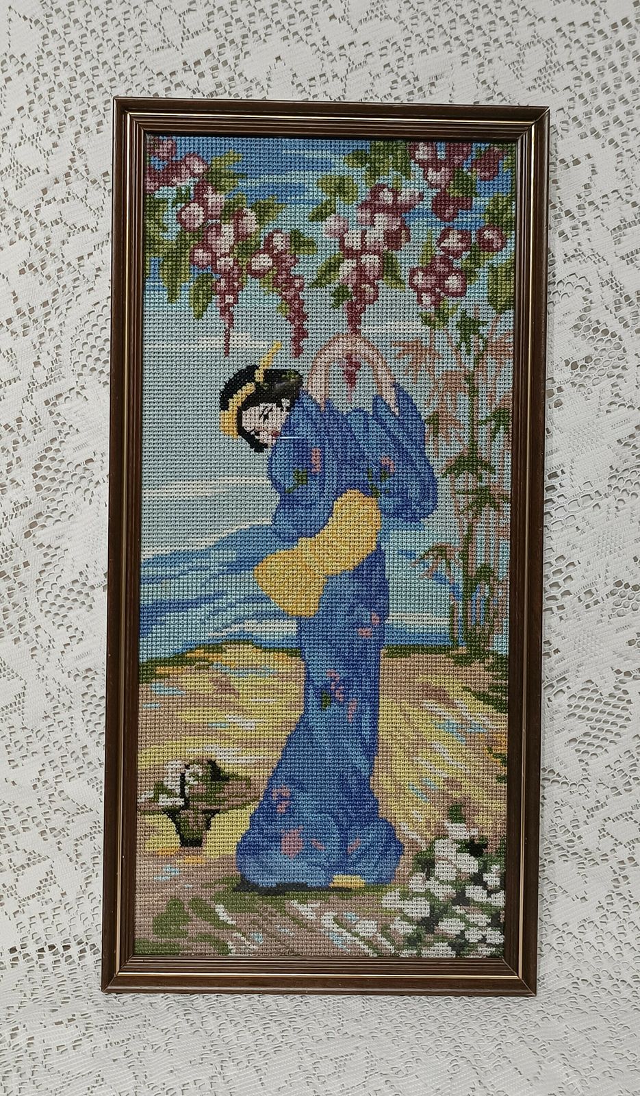 photo furniture Cross Stitch Picture Japanese Geisha Girl Oriental Blossoms Framed ,Needle Point Wall Art.