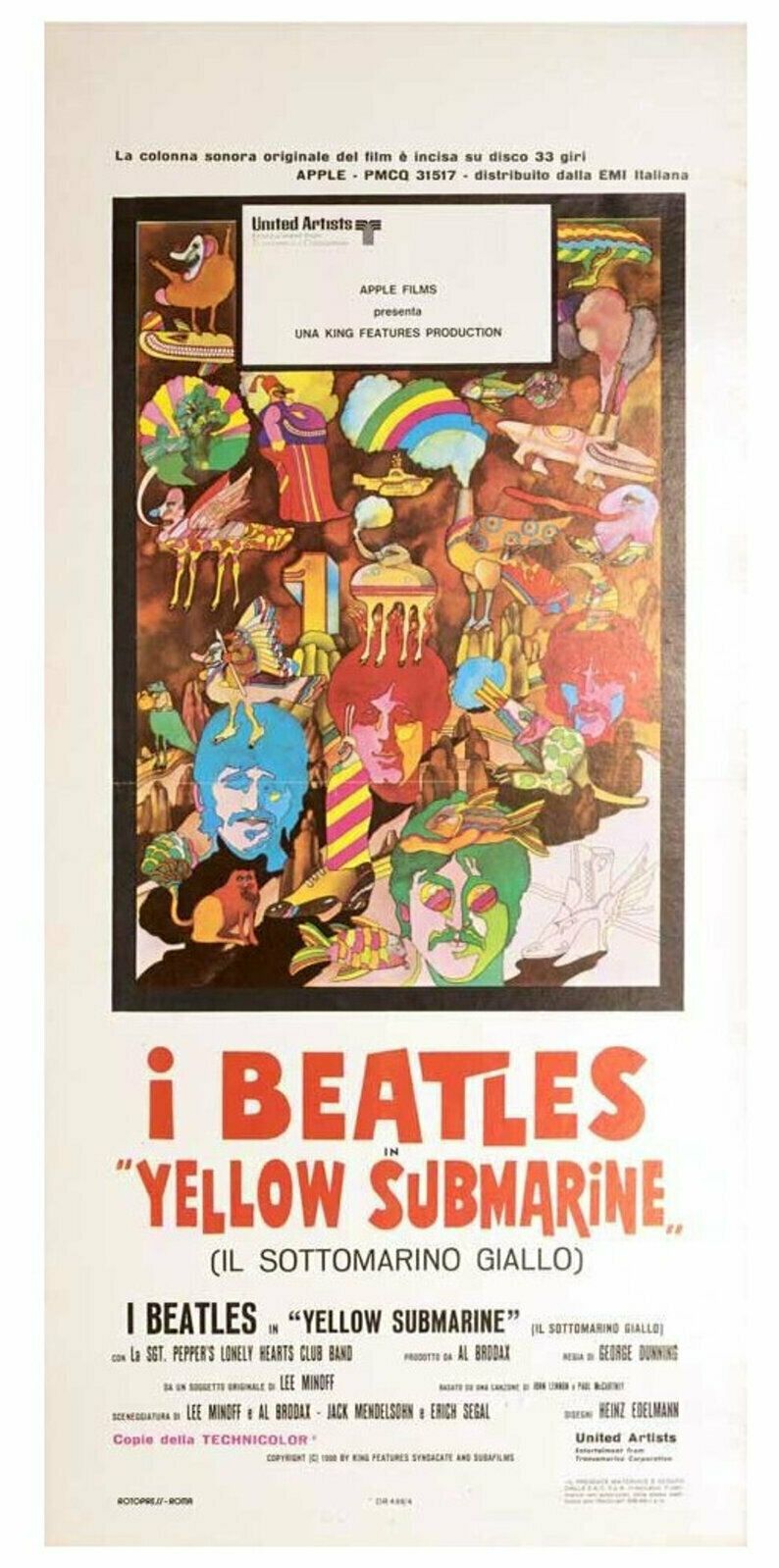 Peter Max, Milton Glaser Beatles Yellow Submarine Pop Art 1968 Original Vintage Locandina On Linen, 1968