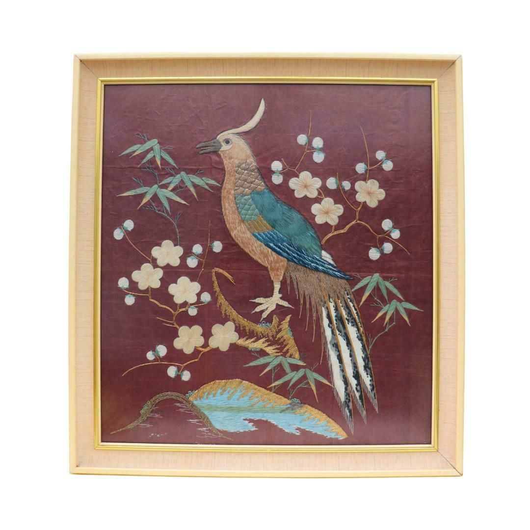Vintage Chinese Framed Embroidered Silk Bird Of Paradise Artwork, Chinese Silk Art