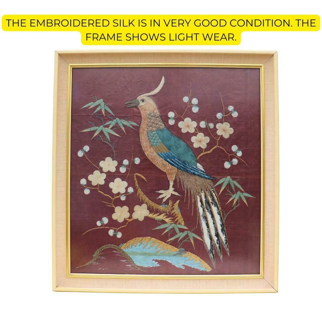 Vintage Chinese Framed Embroidered Silk Bird Of Paradise Artwork, Chinese Silk Art photo vinterior