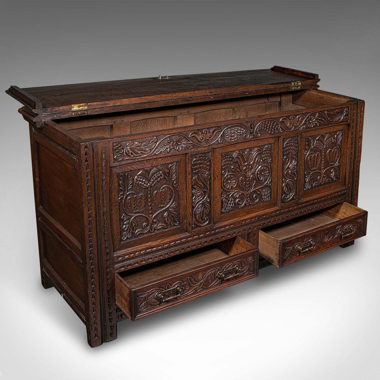 Large Antique Mule Chest, English, Carved Oak, Coffer, William III, Circa 1700 photo furniture