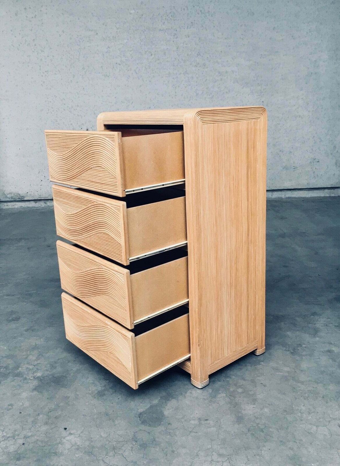 photo vintage 1980's Boho Design Split Rattan High Chest Of Drawers