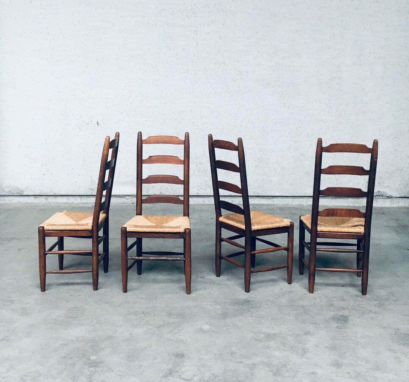 Rustic Design Ladder Back Oak & Rush Dining Chair Set, Belgium 1960's photo vinterior