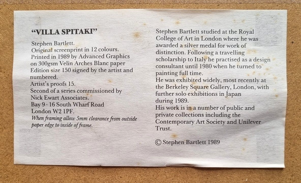 Stephen Bartlett   Villa Spitaki (Framed Screenprint) 20th Century Modern British Art photo for sale