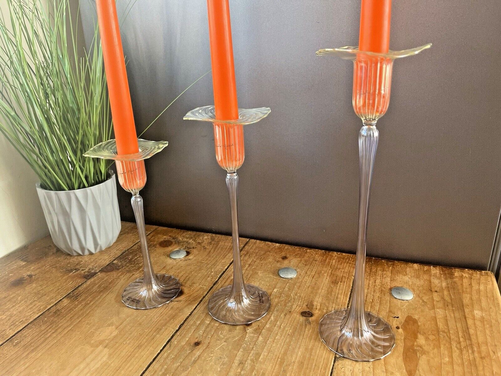 Rare Graduated Set Of 3 Venetian Renate Gaudini Ribbed Murano Glass Candlestick photo vinterior
