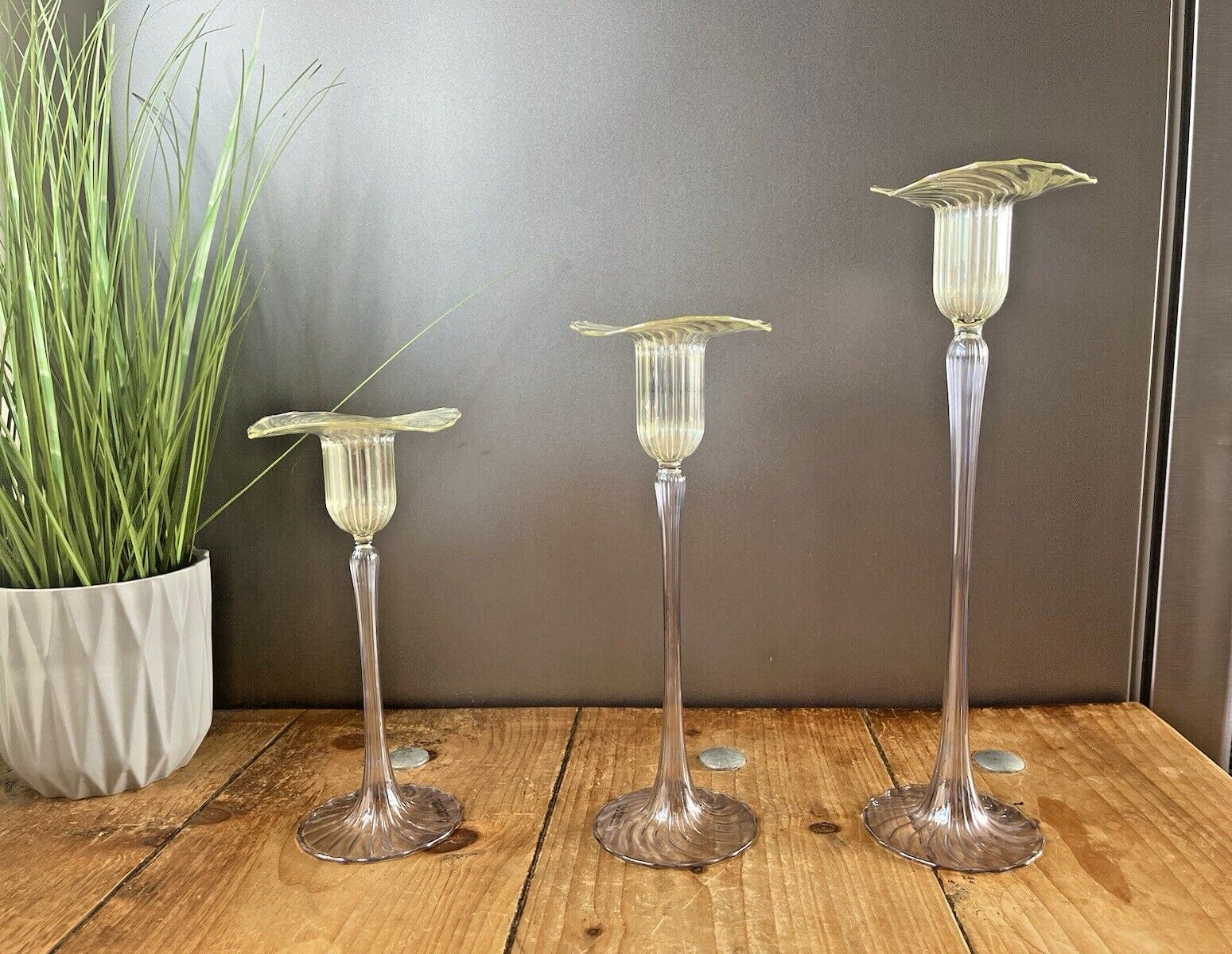 Home Decor Rare Graduated Set Of 3 Venetian Renate Gaudini Ribbed Murano Glass Candlestick photo