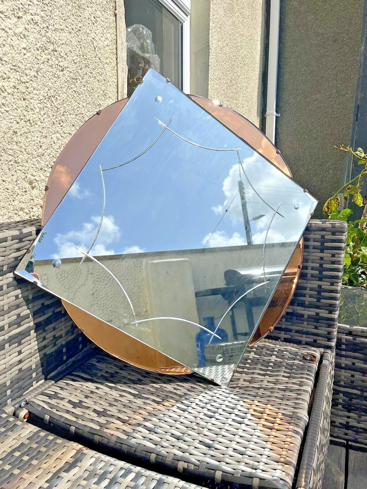 Huge 28" Beautiful 1930's Art Deco Flower Shaped Over Mantel Mirror Peach Copper photo for sale