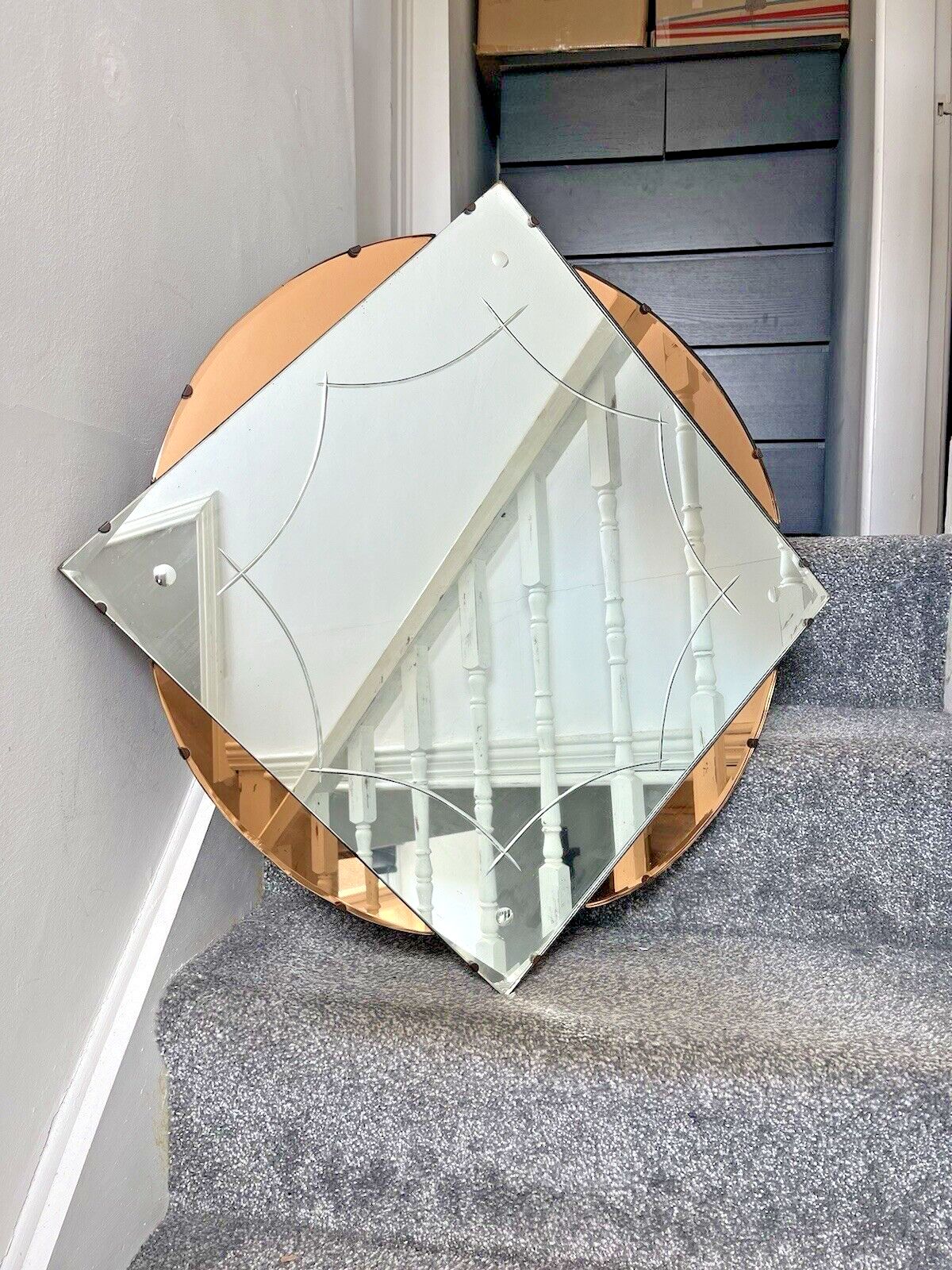 Home Decor Huge 28" Beautiful 1930's Art Deco Flower Shaped Over Mantel Mirror Peach Copper photo