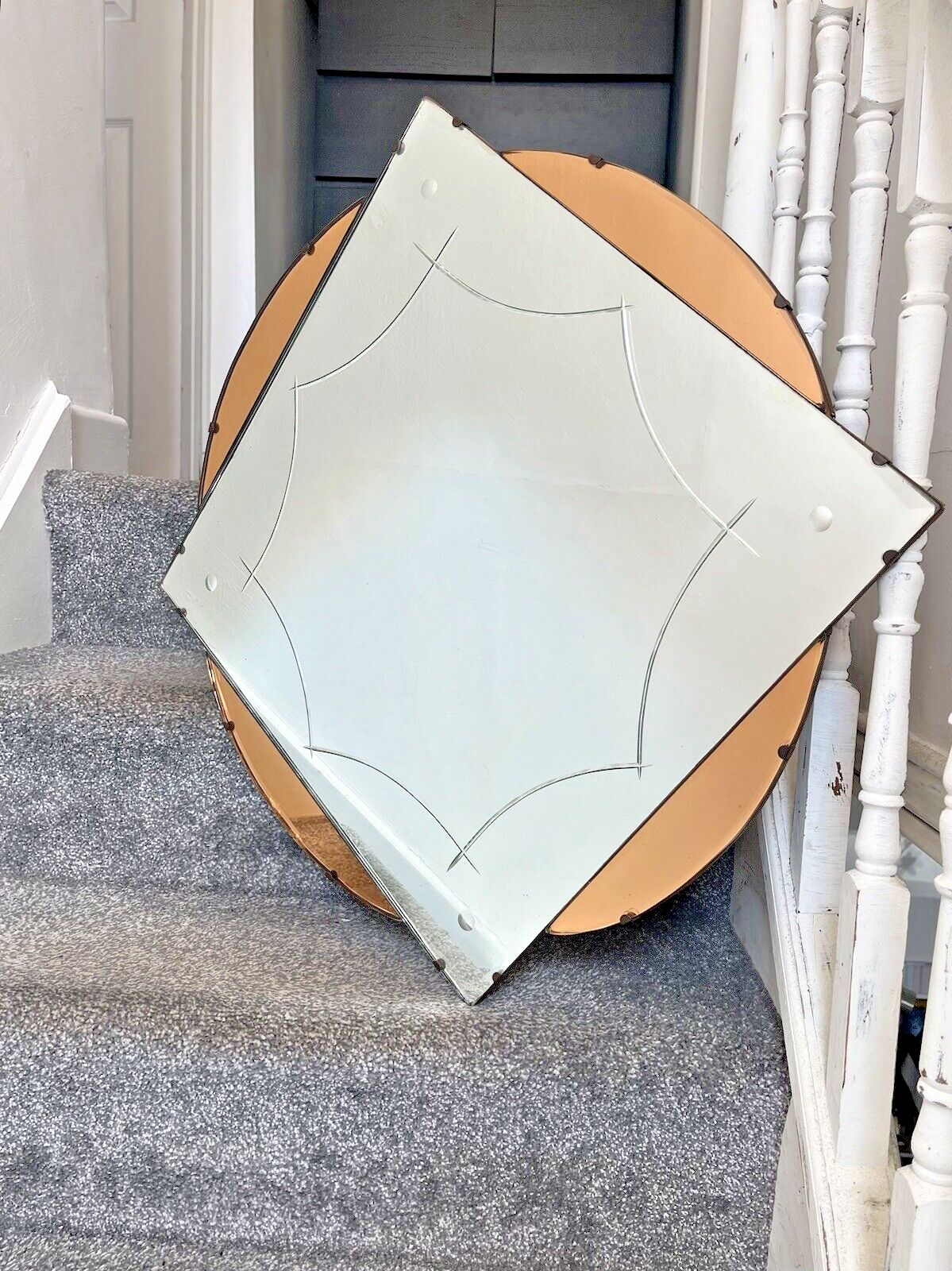 575.0 Huge 28" Beautiful 1930's Art Deco Flower Shaped Over Mantel Mirror Peach Copper photo