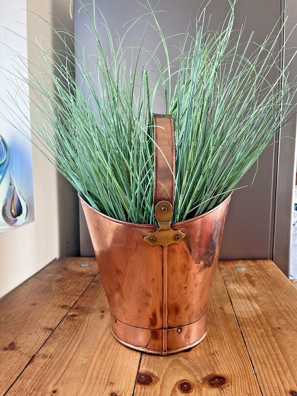Antique 19th C Copper & Brass Handled Pail Kindling Bucket Flower Plant Pot