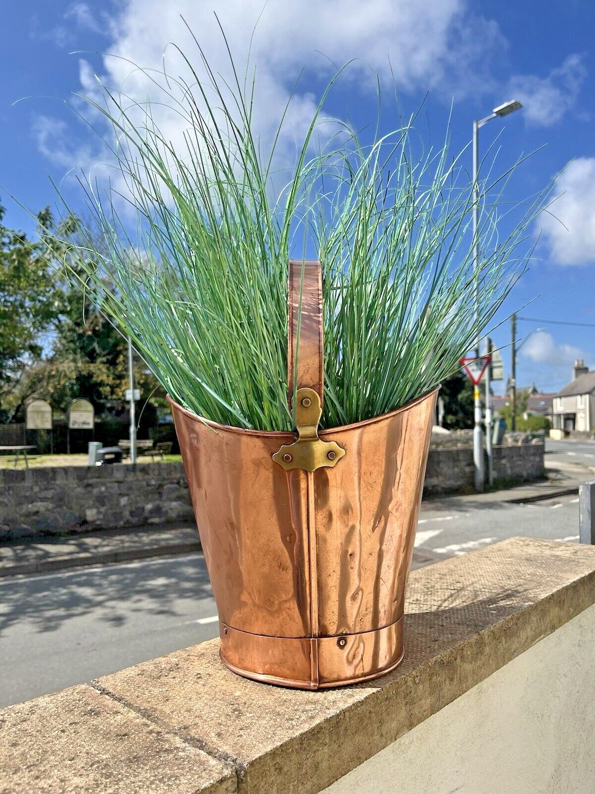 Antique 19th C Copper & Brass Handled Pail Kindling Bucket Flower Plant Pot photo for sale