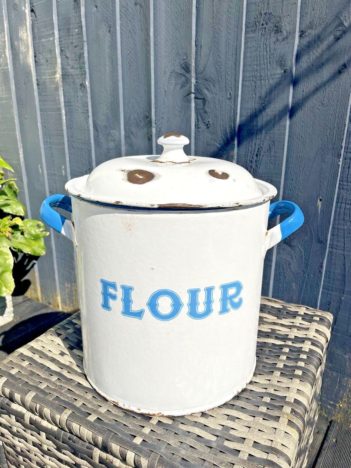 Large Antique Enamel Flour Bin Bakery Storage Container Vintage Kitchen Display