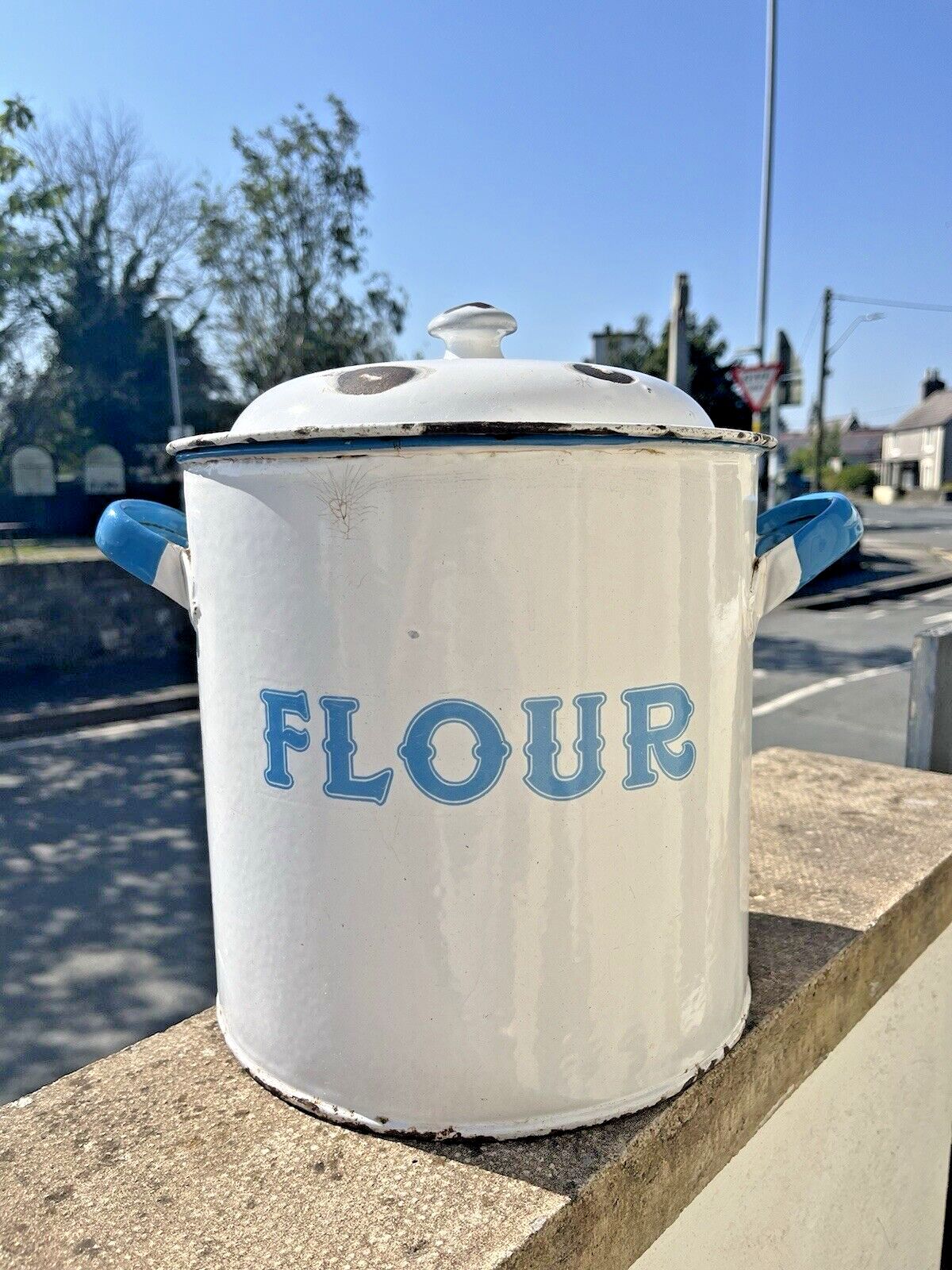 Large Antique Enamel Flour Bin Bakery Storage Container Vintage Kitchen Display photo furniture