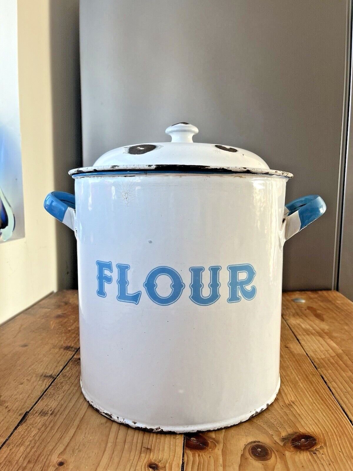 Large Antique Enamel Flour Bin Bakery Storage Container Vintage Kitchen Display photo for sale