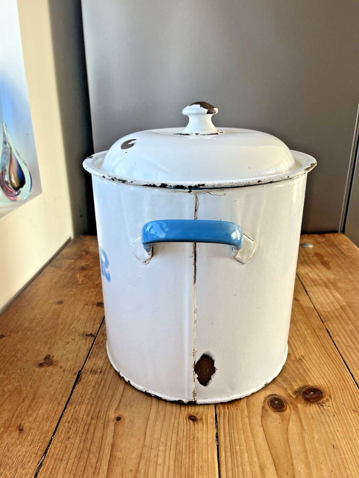 Large Antique Enamel Flour Bin Bakery Storage Container Vintage Kitchen Display photo 95.0