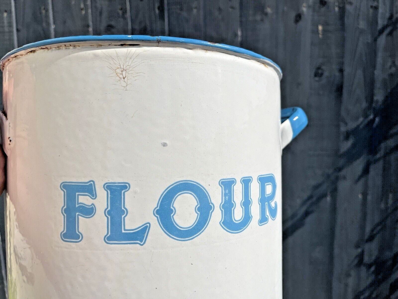 95.0 Large Antique Enamel Flour Bin Bakery Storage Container Vintage Kitchen Display photo