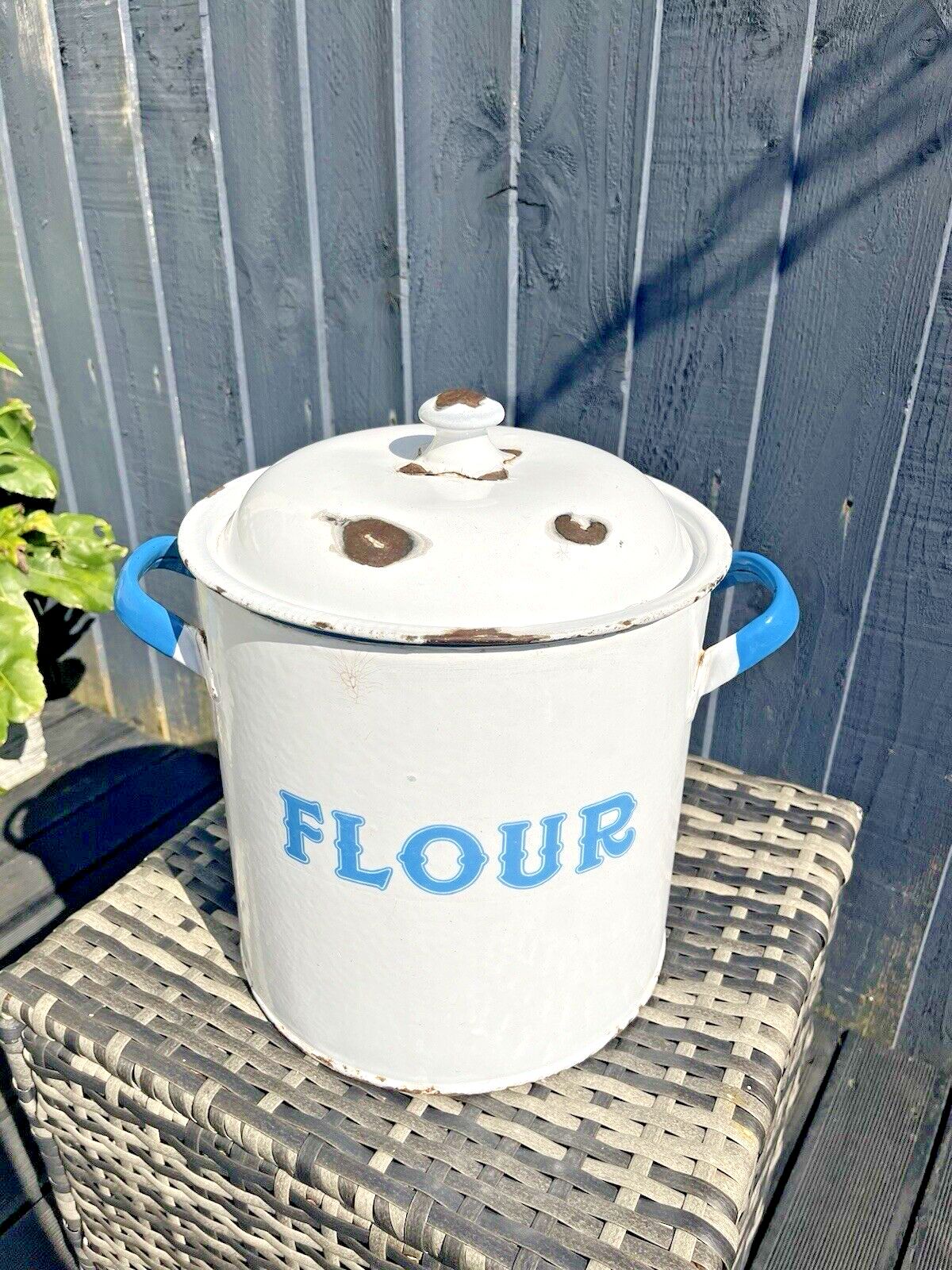 photo buy Large Antique Enamel Flour Bin Bakery Storage Container Vintage Kitchen Display