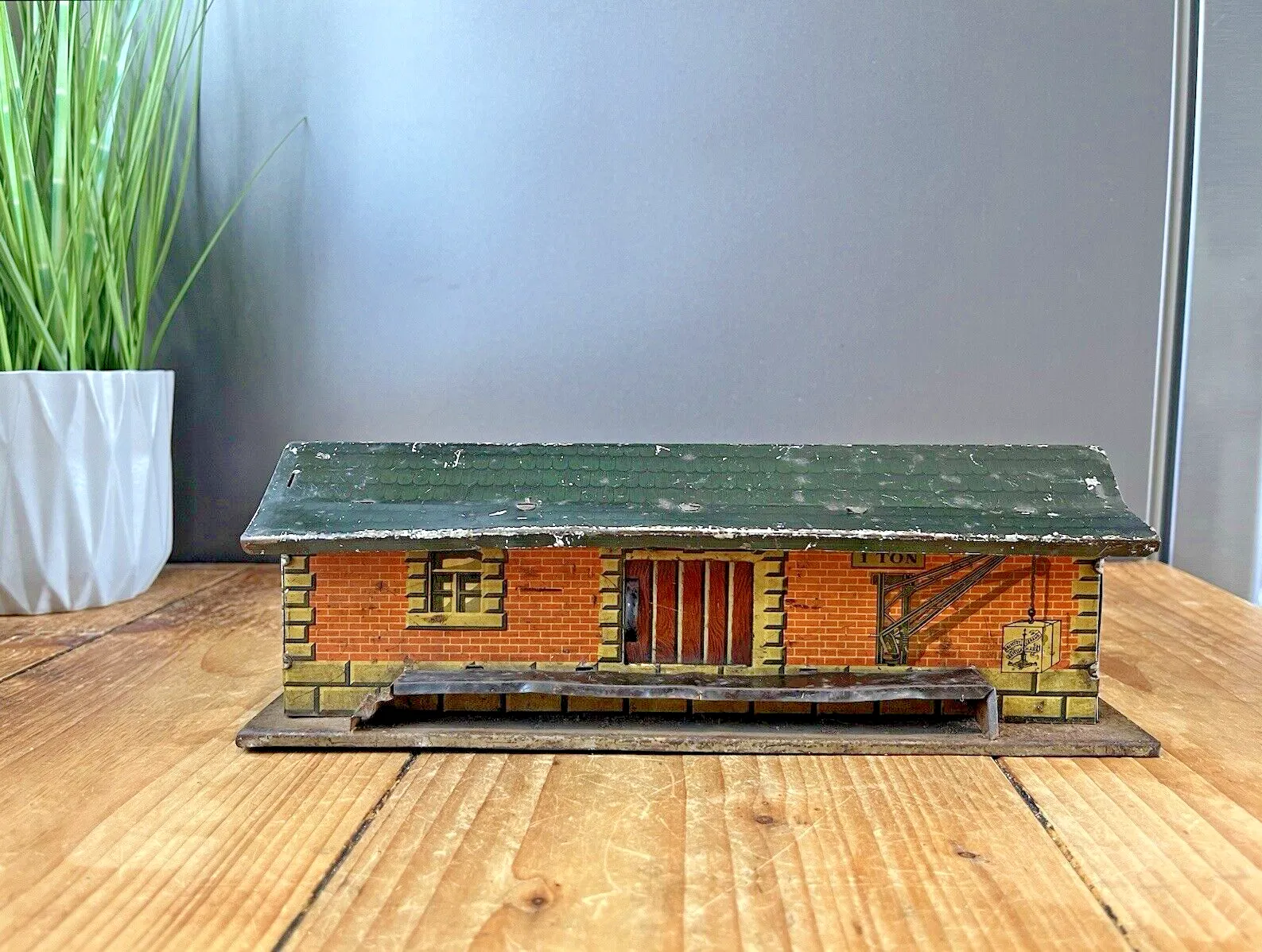 Antique British Brimtoy Brand Tinplate Sliding Door Train Station 30's Tin Toy