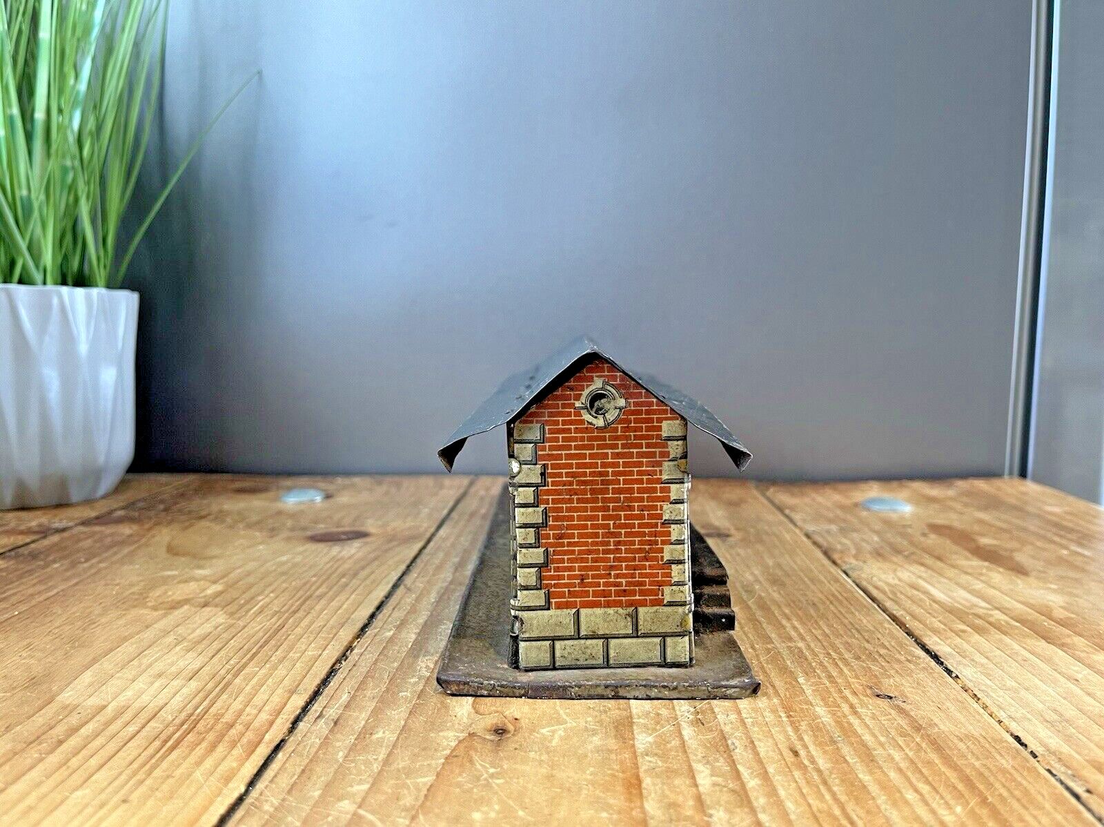 Antique British Brimtoy Brand Tinplate Sliding Door Train Station 30's Tin Toy photo furniture