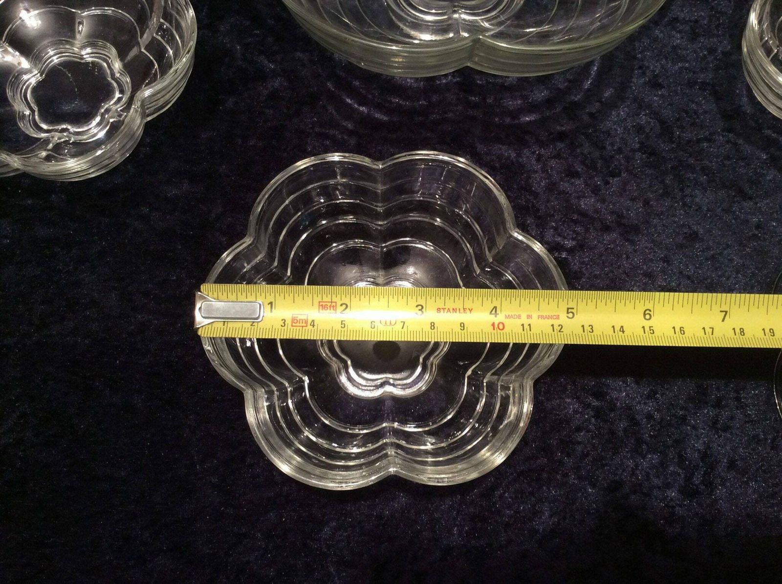 photo for sale 1950s Set Of 7 Glass Dessert Bowls, Large 8” Glass Fruit Bowl And 6 Small 5” Sundae Dishes, Vintage Bowls, 1950s Glass Bowls, Flower Shaped