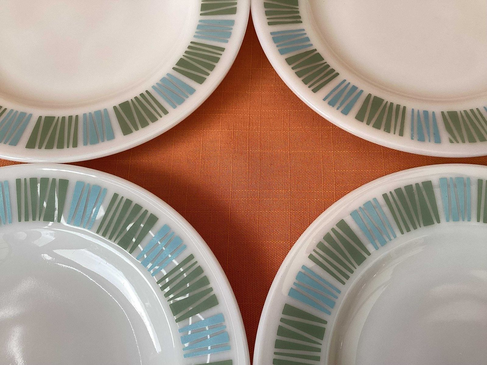 Jaj Pyrex Matchmaker Salad Plates In Blue And Green (Set Of 6), 1960s Jaj Matchmaker Salad/Dessert Plates, Retro Matchmaker Plates, 8.5” photo Home Decor