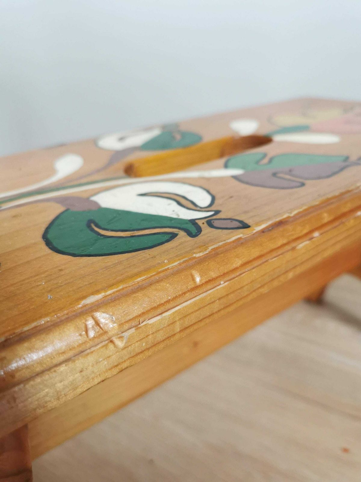 Vintage Wooden Footstool / 1980s Yugoslavia / Solid Small One Step Stool Handcrafted And Hand Painted / Folk Art Antique Chair Kitchen photo for sale