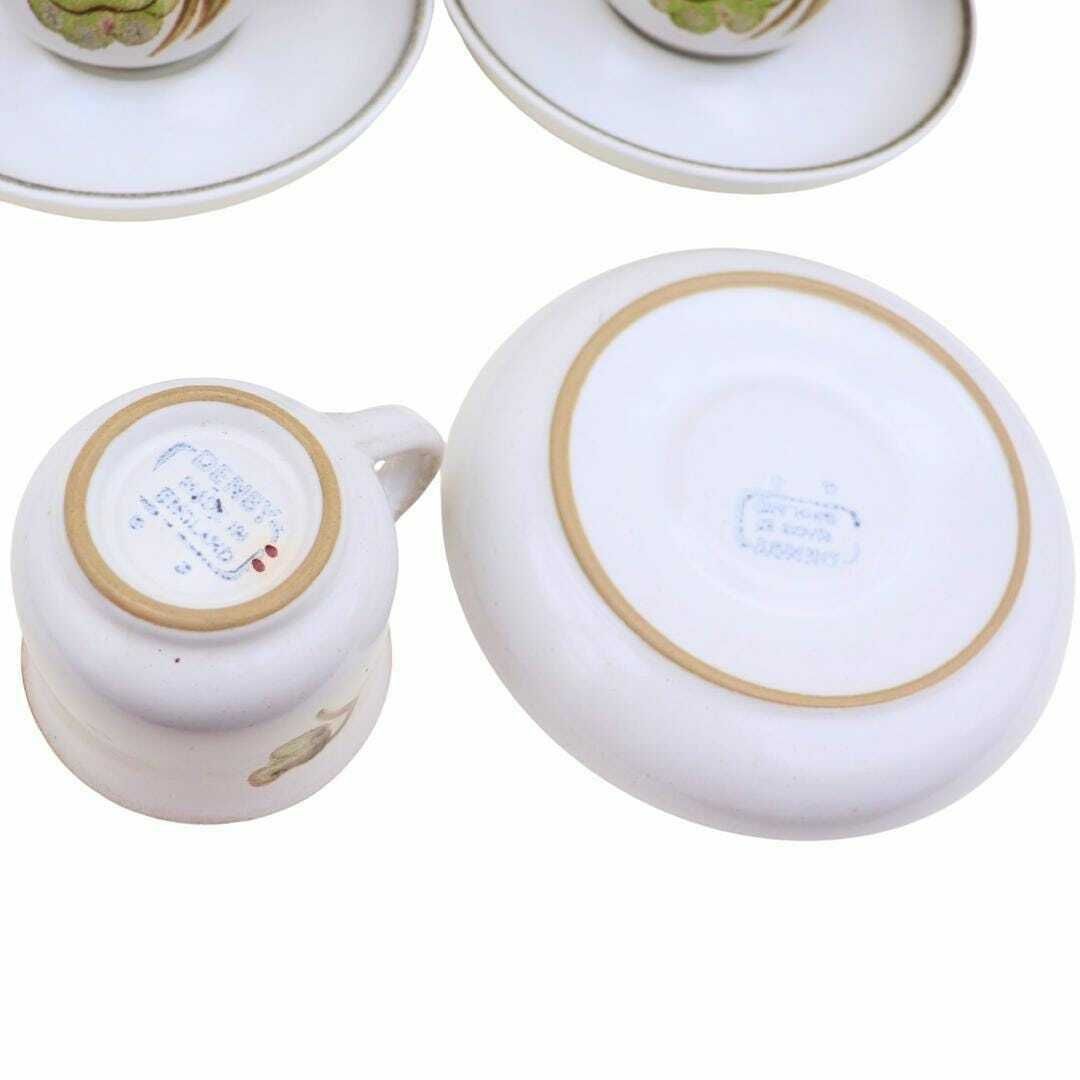 6 Mid Century Coffee Cups And Saucers By Denby Troubador Patttern C 1970's, Retro Stoneware Cottage Core Coffee Cups And Saucers photo vinterior