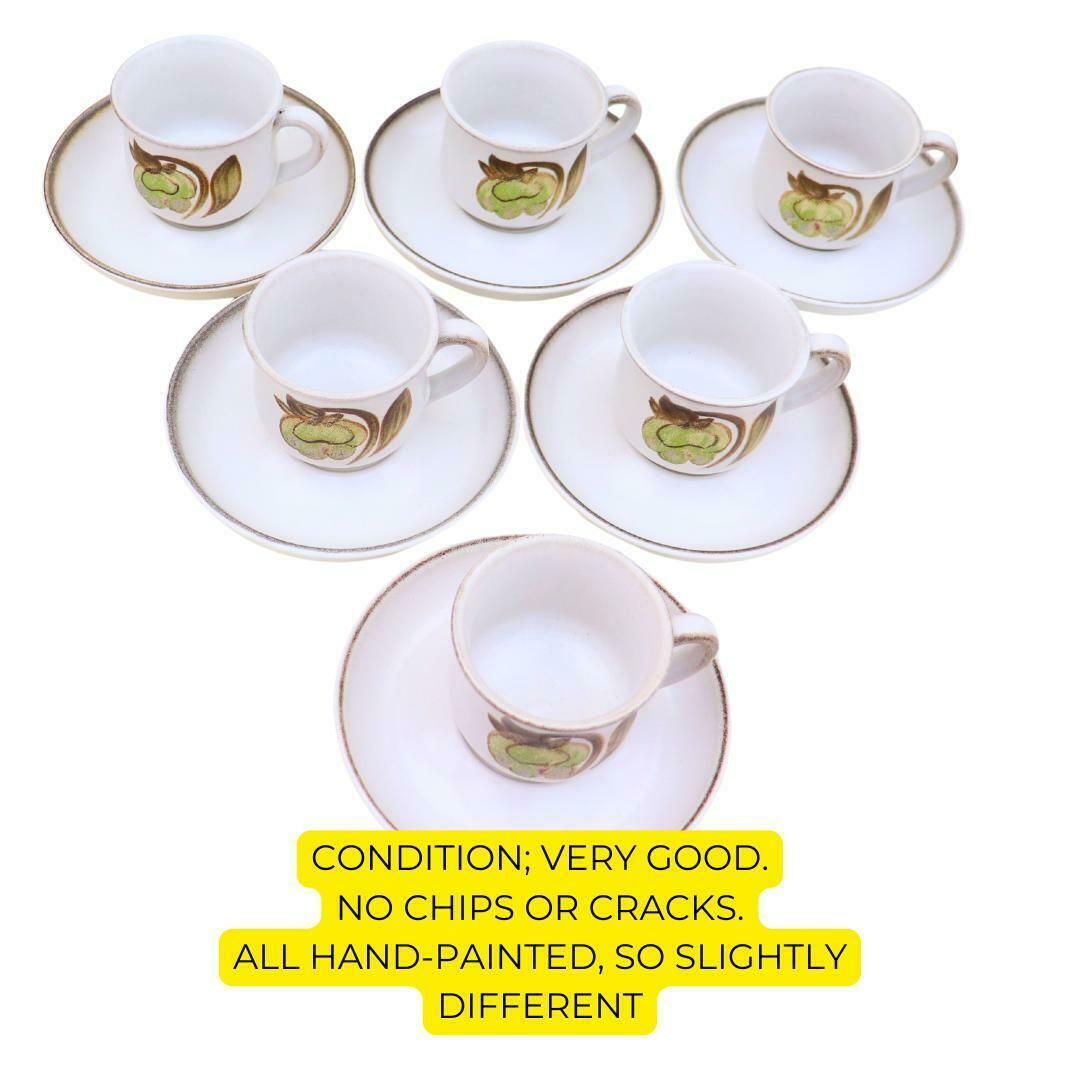 6 Mid Century Coffee Cups And Saucers By Denby Troubador Patttern C 1970's, Retro Stoneware Cottage Core Coffee Cups And Saucers photo buy