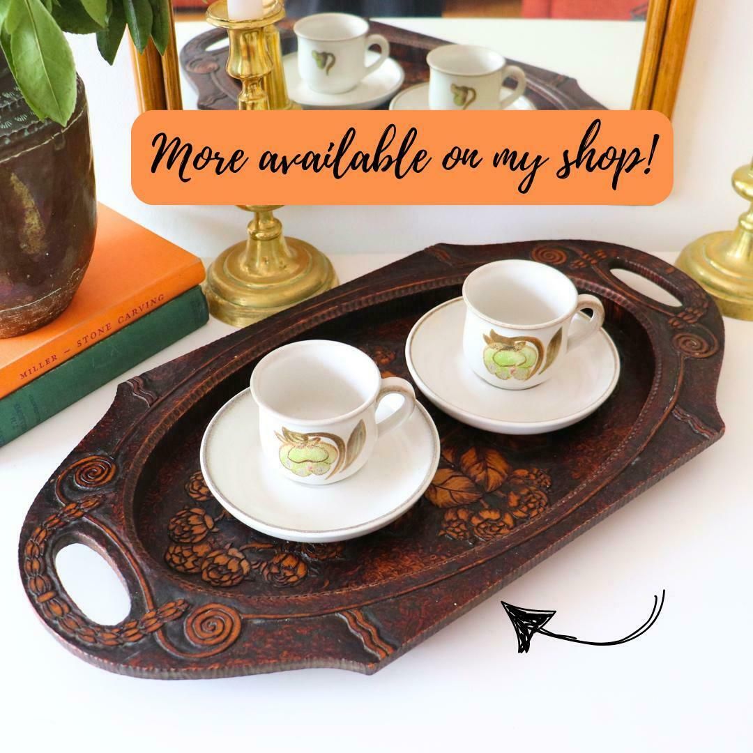 6 Mid Century Coffee Cups And Saucers By Denby Troubador Patttern C 1970's, Retro Stoneware Cottage Core Coffee Cups And Saucers photo vintage