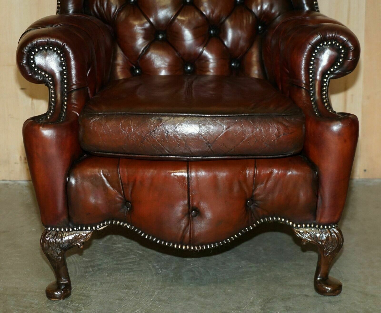 Pair Of Chesterfield Vintage Oxblood Leather Wingback Armchairs & Footstools photo buy