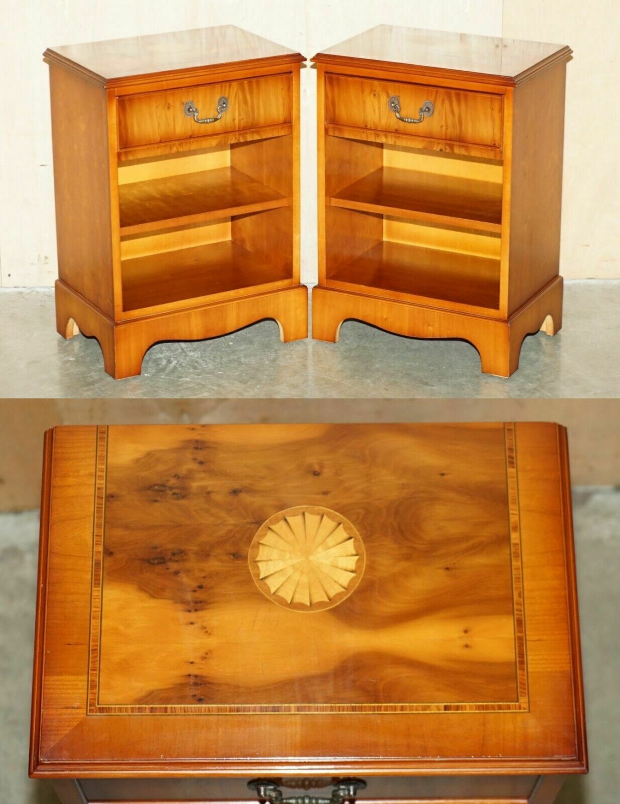 Pair Of Vintage Burr Walnut, Yew Wood Sheraton Revival Lamp Side End Wine Tables