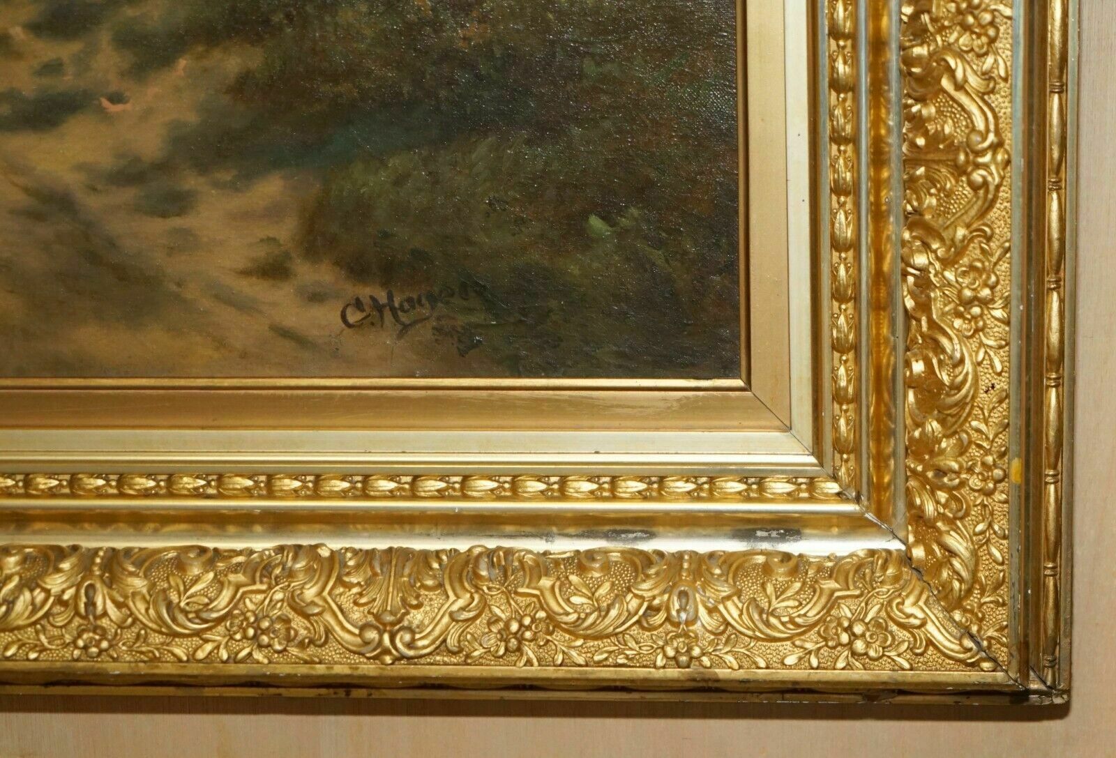 1950.0 128cm Tall Continental Painting Of A Forest, Mother & Daughter Metal Gilt Frame photo