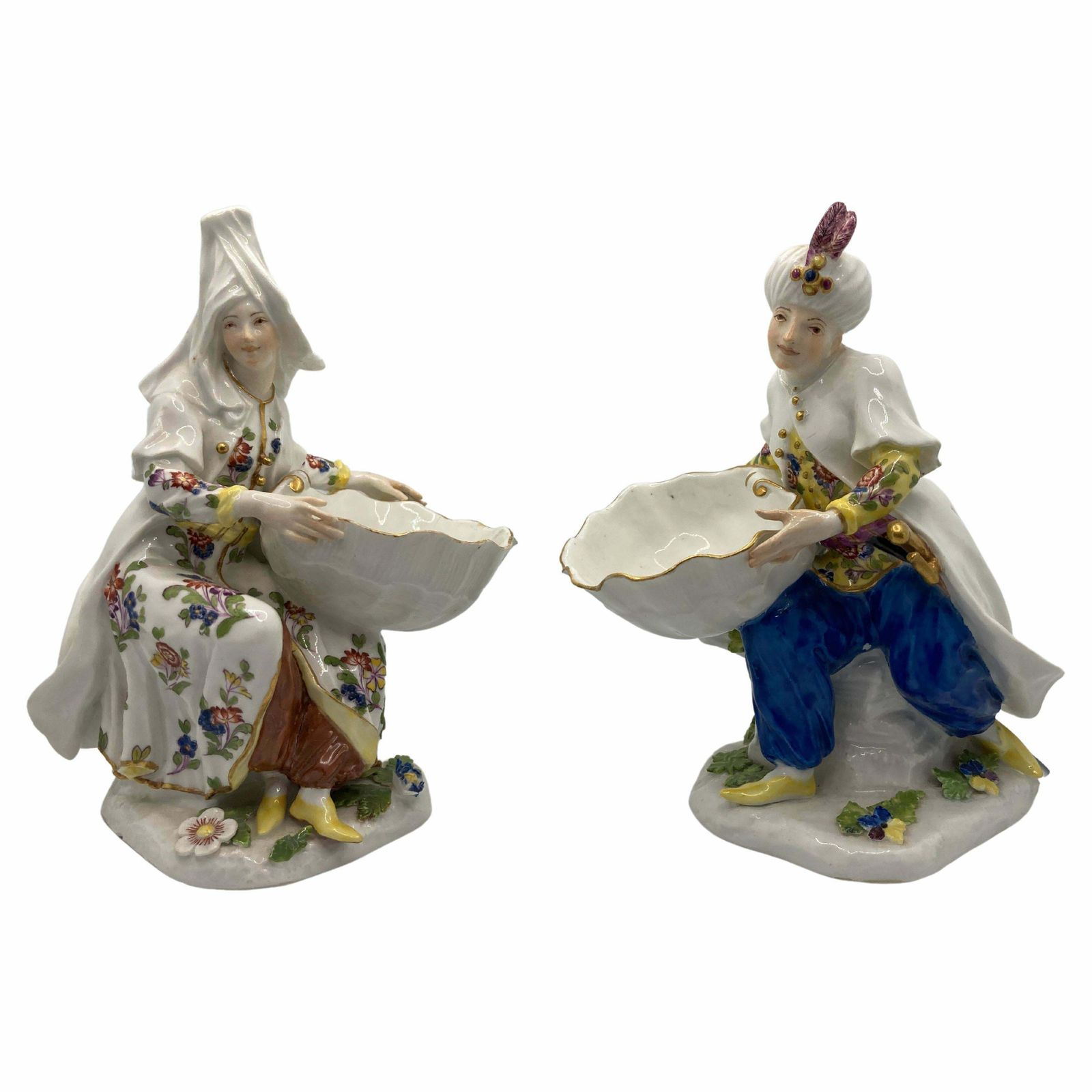18th Century Meissen Turkish Pair Holding Sweetmeat / Table Salt Bowls